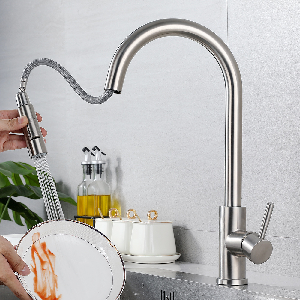 304 stainless steel kitchen sink faucet, household cold and hot multi-functional telescopic rotating pull-out faucet details Picture