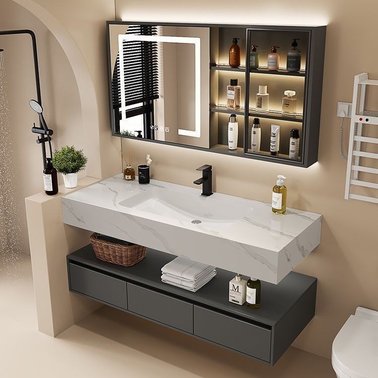 Nordic rock plate seamless ceramic washbasin, washbasin combination, bathroom integrated double-layer washbasin, bathroom cabinet Specification drawing