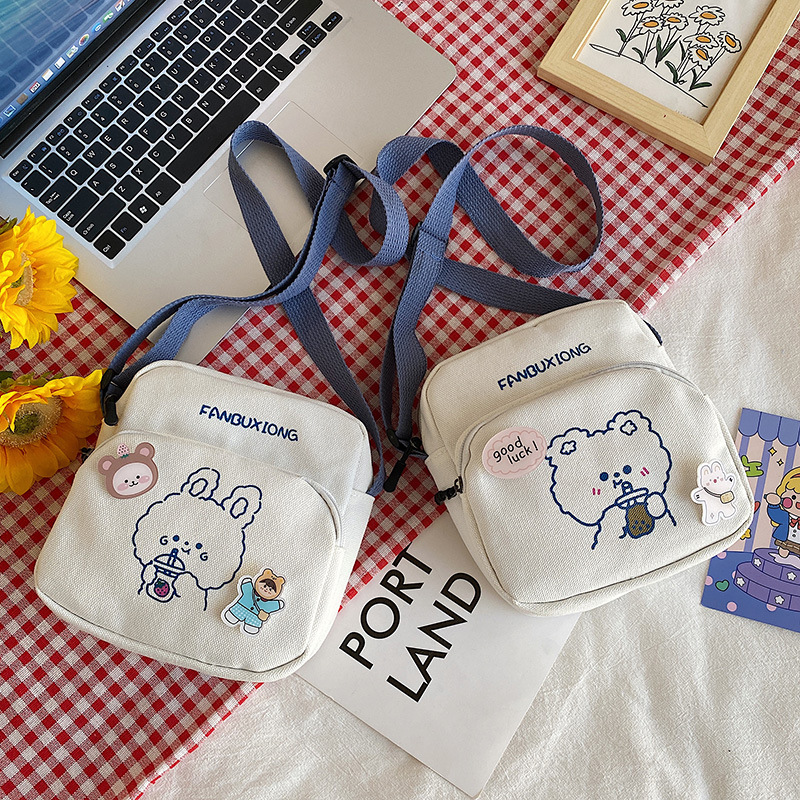 2024 New style Bear and rabbit single-shoulder crossbody mobile phone pocket change Little girl canvas bag, cute baby girl full figure