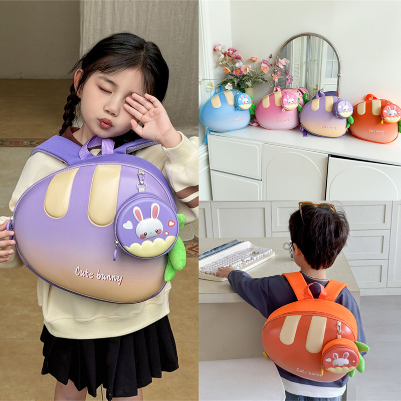 The super cute new children's casual backpack features a unique little rabbit and radish bag. It's a versatile and casual schoolbag for kindergarten kids details Picture