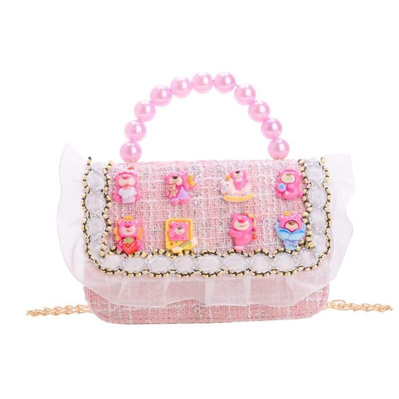 New children's bag, single-shoulder tweed little Chanel princess pearl handbag, girls' stylish chain crossbody coin purse Item Picture