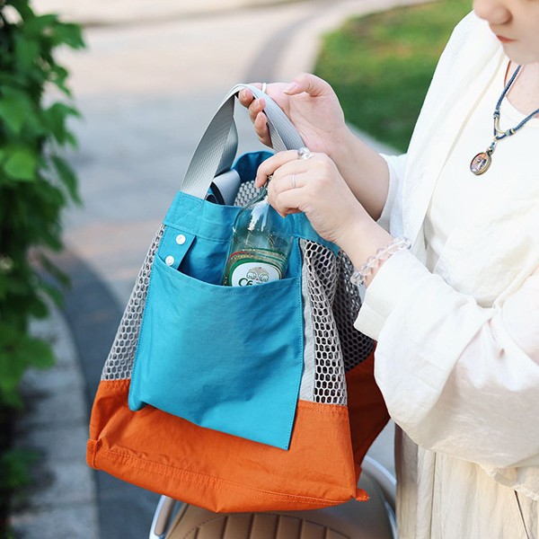 Large-capacity summer niche trendy color-blocking net bag single-shoulder bag, casual large-capacity double-sided usable storage shopping bag Specification drawing