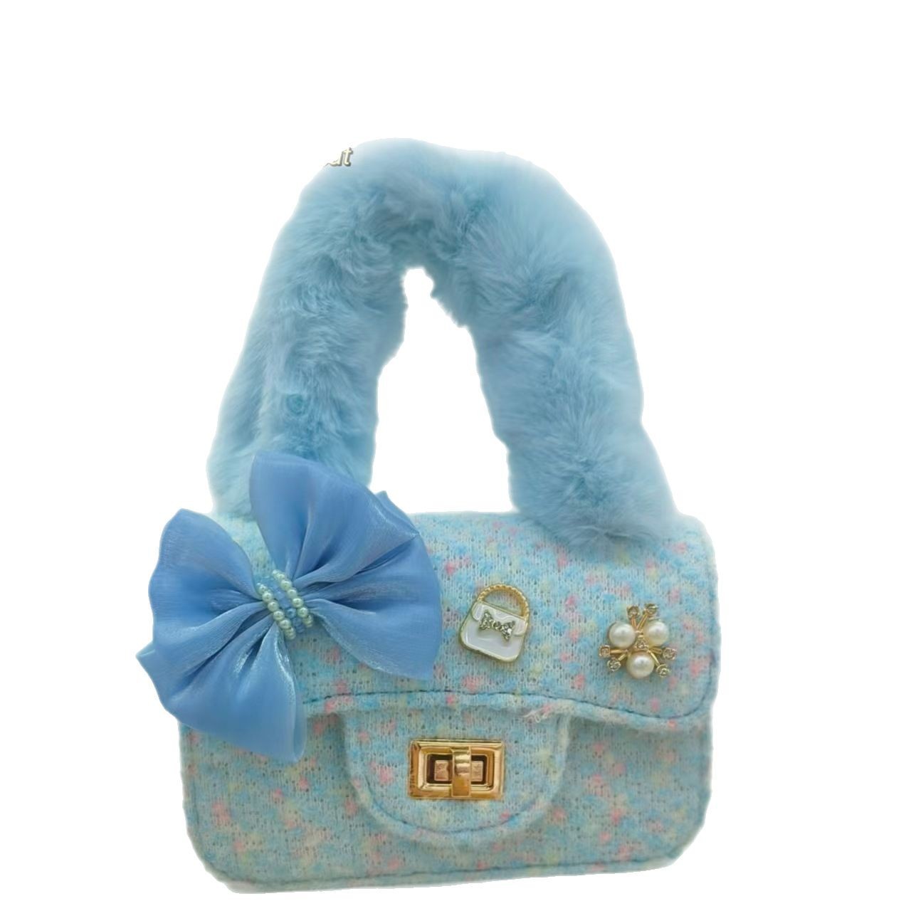 Bow plush handbag, princess bag, stylish little girl shoulder bag, accessory crossbody bag, small square bag, coin purse Item Picture