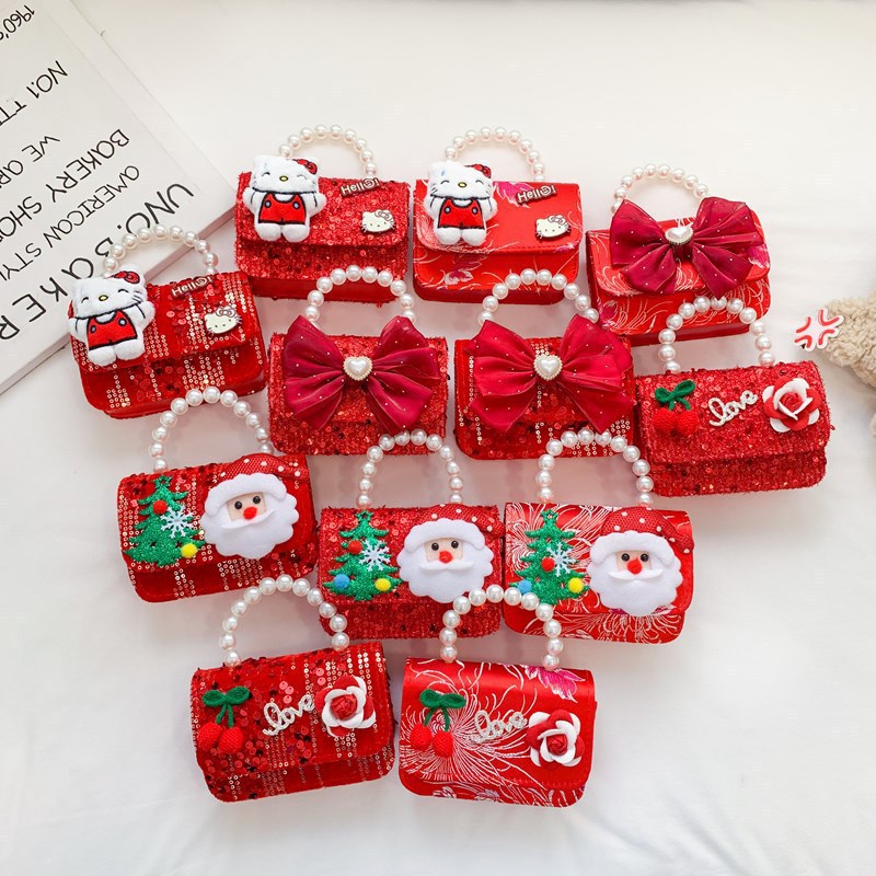 Children's New Year greeting bag, Christmas and New Year red lucky money bag, stylish girl princess pearl handbag, crossbody bag full figure