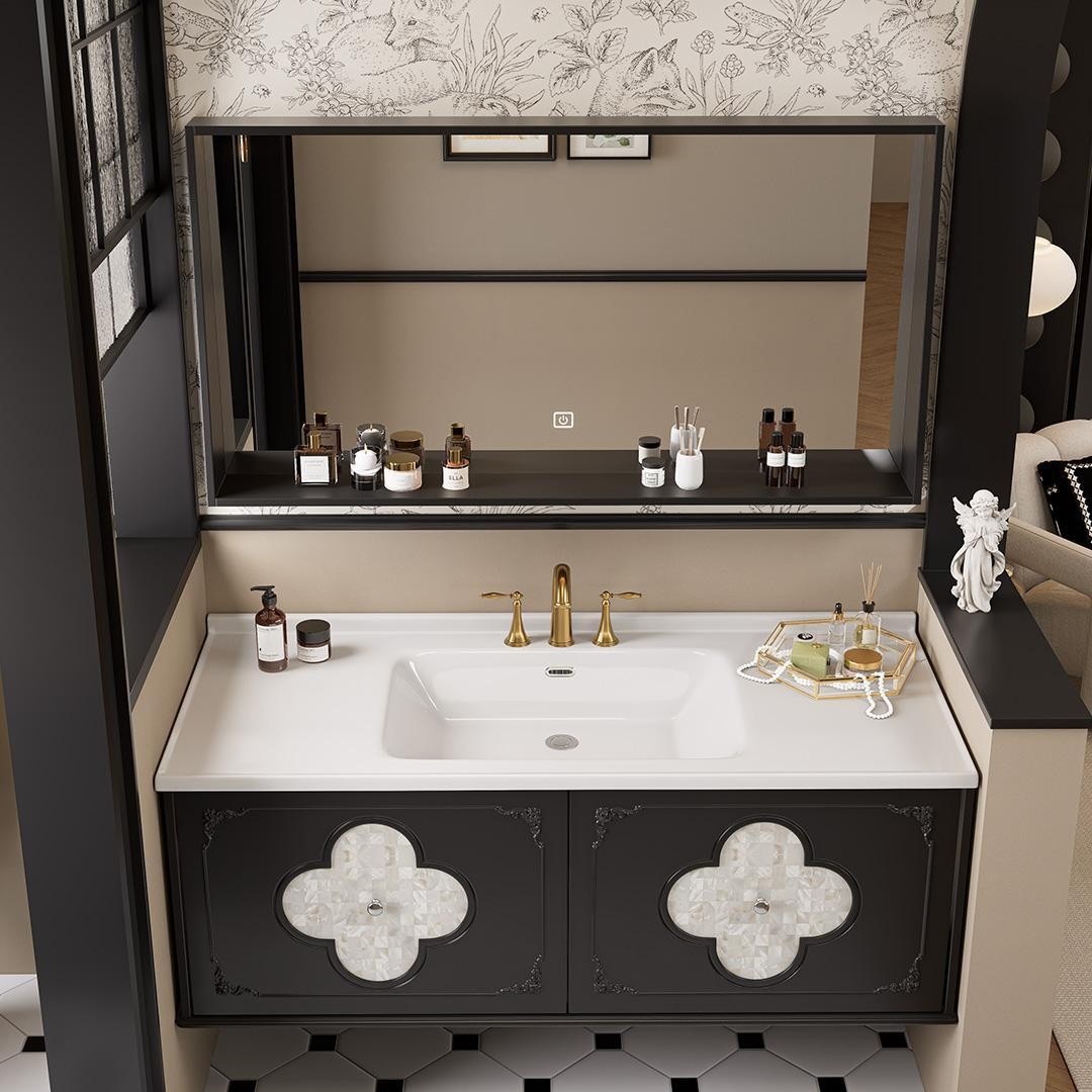 French retro-style bathroom cabinet, ceramic lacquered porcelain one-piece basin combination, shell decorative oak panel four-leaf clover bathroom cabinet full figure