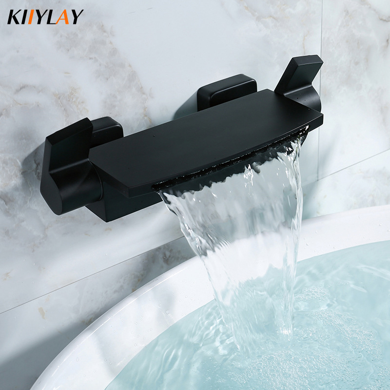 Wall-mounted bathtub faucet, brass waterfall triple cold and hot shower head set, American-style concealed apartment wall wine details Picture