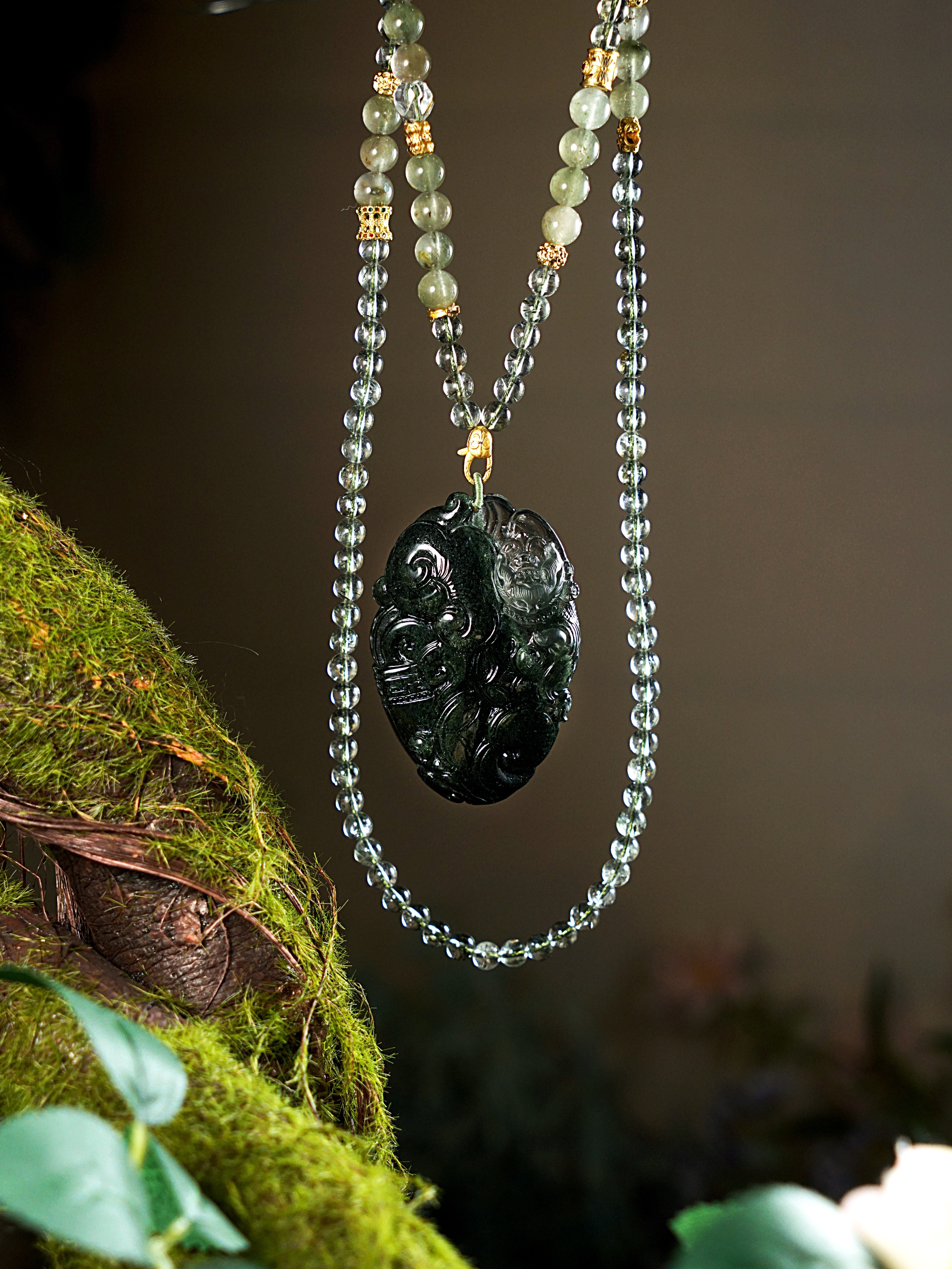 天然绿幽灵九尾狐吊坠手工精雕星光幽灵水晶狐狸原创设计毛衣链