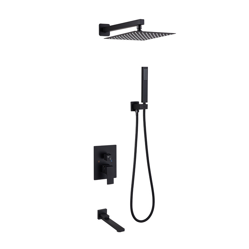 Black concealed shower head set, wall-mounted square three-function shower faucet, concealed mixing valve across the border Item Picture
