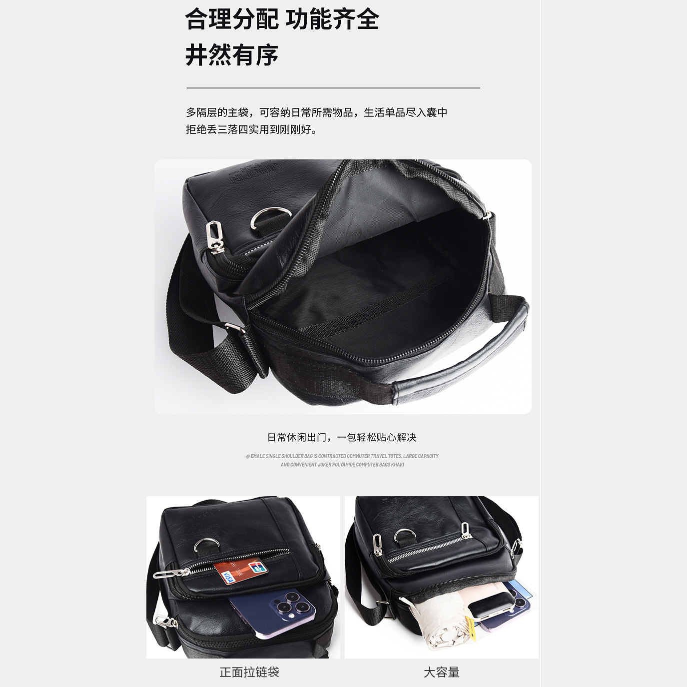 New men's cross-border simple, casual and durable single-shoulder bag with large capacity and multiple pockets, waterproof PU crossbody bag for export Application Scenario