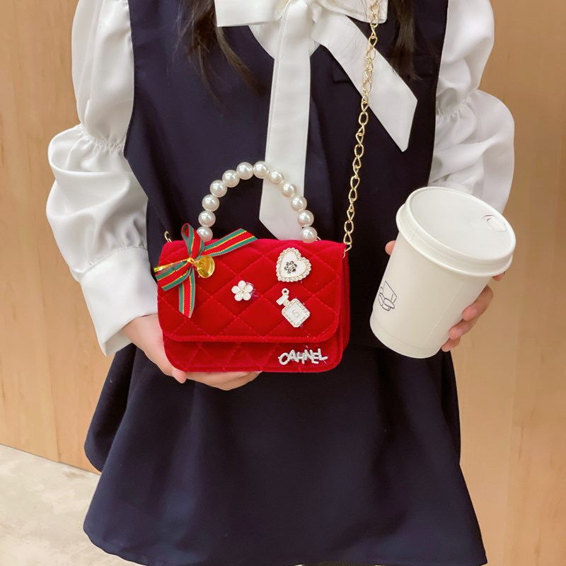 New red New Year greeting pearl handbag for children, cute princess girl single-shoulder bag, stylish chain crossbody bag Specification drawing