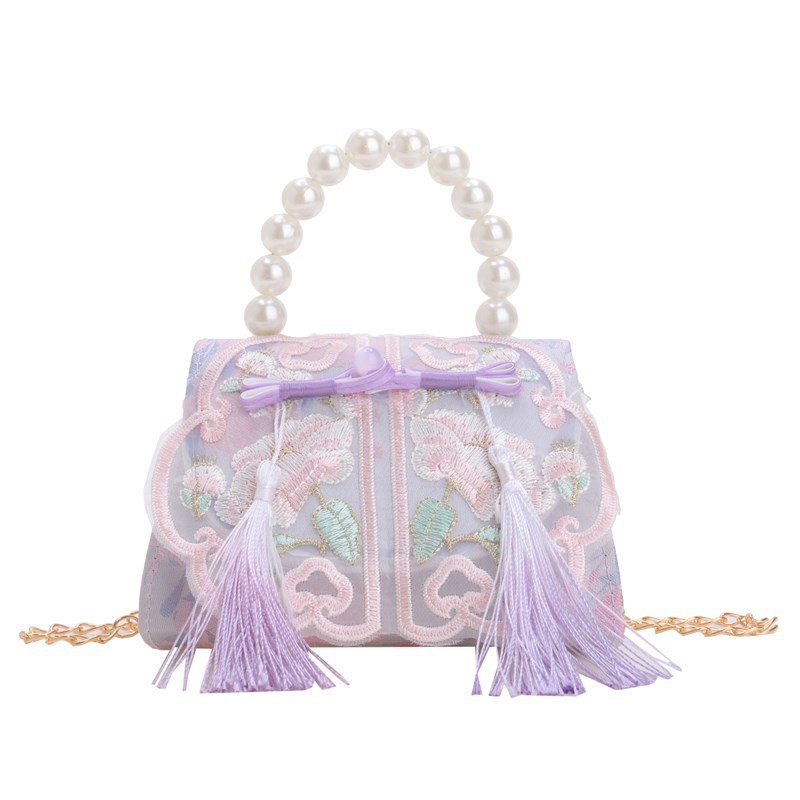 New Chinese-style girls' single-shoulder bag, sweet pearl hand-held princess handbag, cute tassel mini chain children's bag Item Picture