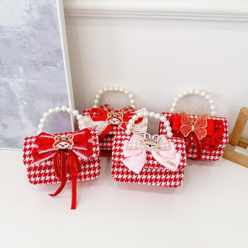 Children's bag, red bow, chanel-style girl's handbag, pearl beaded loose change, cute princess-style small bag Specification drawing