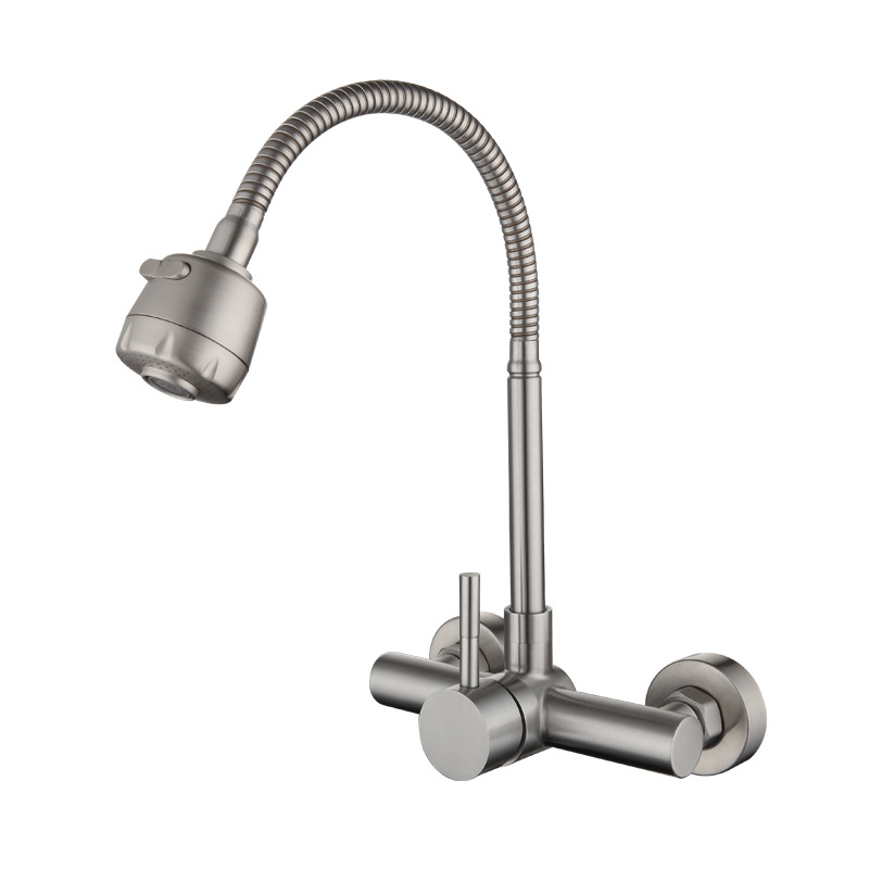 304 stainless steel wall-mounted cold and hot double-hole sink, universal pipe, shower head, rotating kitchen faucet Item Picture