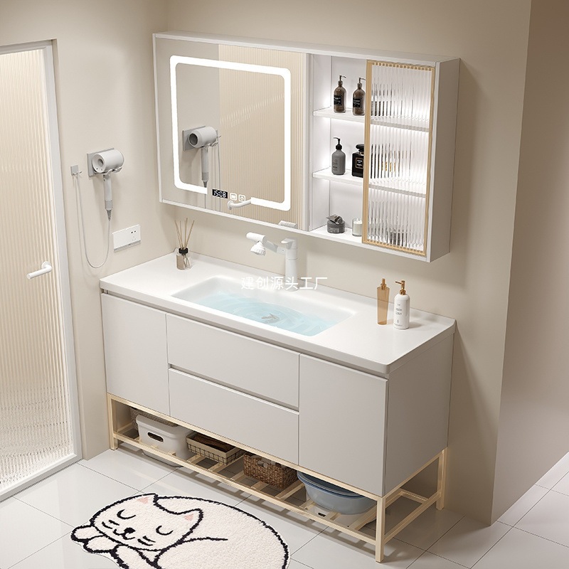 Cream-colored solid wood bathroom cabinet, ceramic washbasin, bathroom washbasin, washstand, washbasin, smart mirror cabinet details Picture