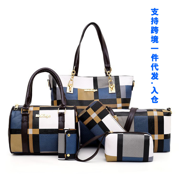 New checkered six-piece set mother-and-child tote bag with color contrast trend, single-shoulder hand-carry women's bag, cross-border one-piece consignment worldwide details Picture