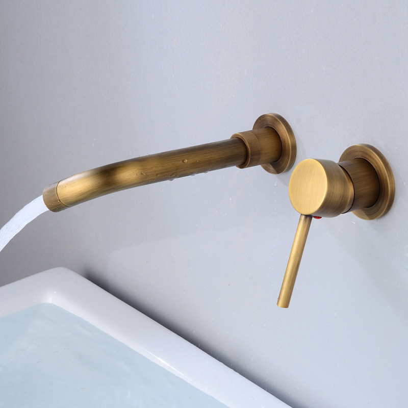European-style wall-mounted concealed cold and hot washbasin faucet, double-hole, two-piece set, antique black gun gray washbasin dragon details Picture