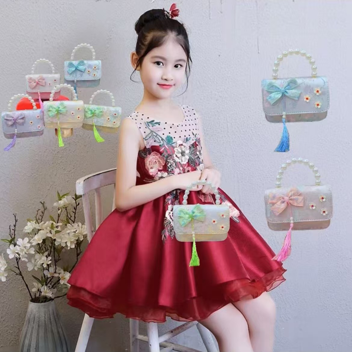 Cute pearl bow children's bag, new ancient-style tassel handbag, stylish colorful diamond-encrusted single-shoulder bag Specification drawing