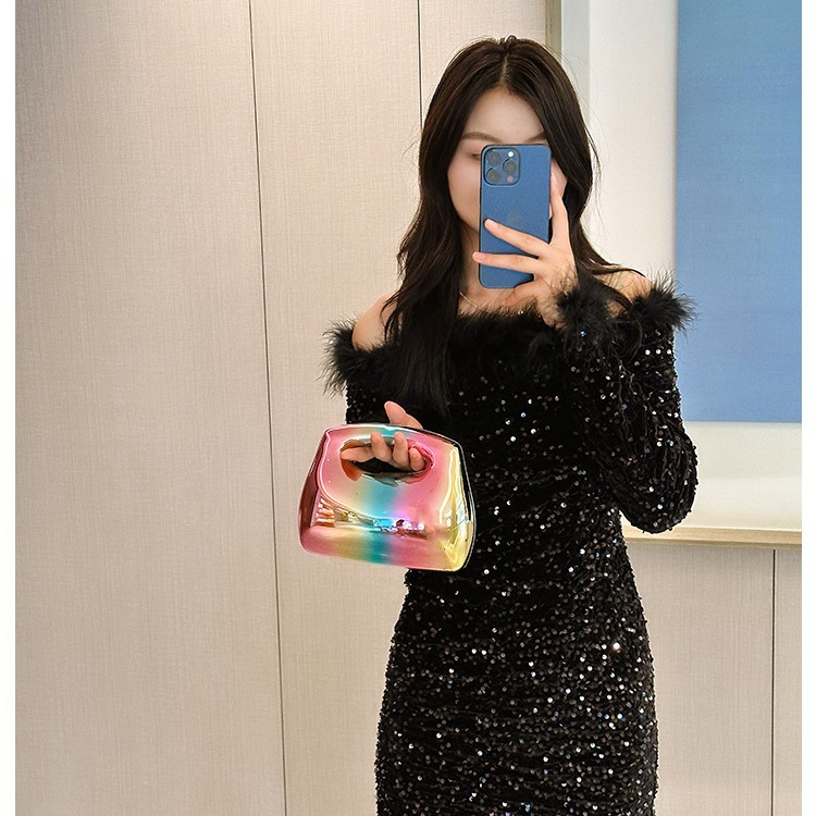 European and American cross-border acrylic bag, square fat box, clutch bag, metallic evening bag, decorative items, crossbody for women details Picture