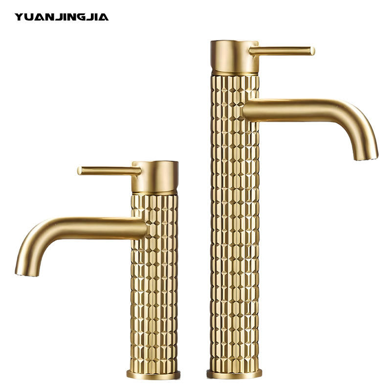 Brushed golden copper light luxury washbasin faucet, hotel bathroom bathroom cabinet, cold and hot washbasin faucet, splash-proof Item Picture