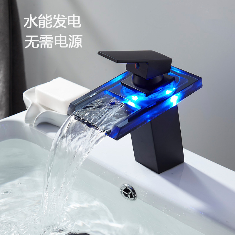 Cross-border black waterfall washbasin faucet LED cold and hot bathroom toilet washbasin countertop basin single hole details Picture