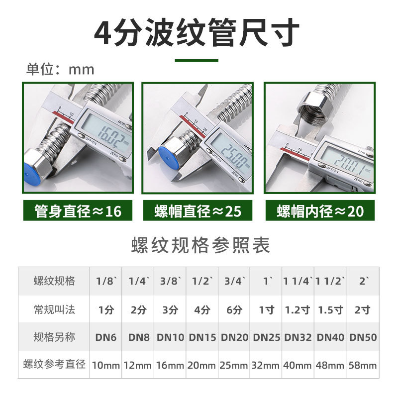 Lingxuan household 4-inch corrugated pipe water pipe, 304 stainless steel metal explosion-proof water inlet hose, electric water heater accessories Specification drawing