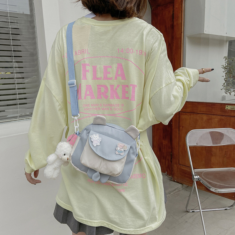 Canvas small square bag 2021 New style fashionable crossbody bag, cute cartoon student artistic single-shoulder bag, trendy mobile phone bag Specification drawing