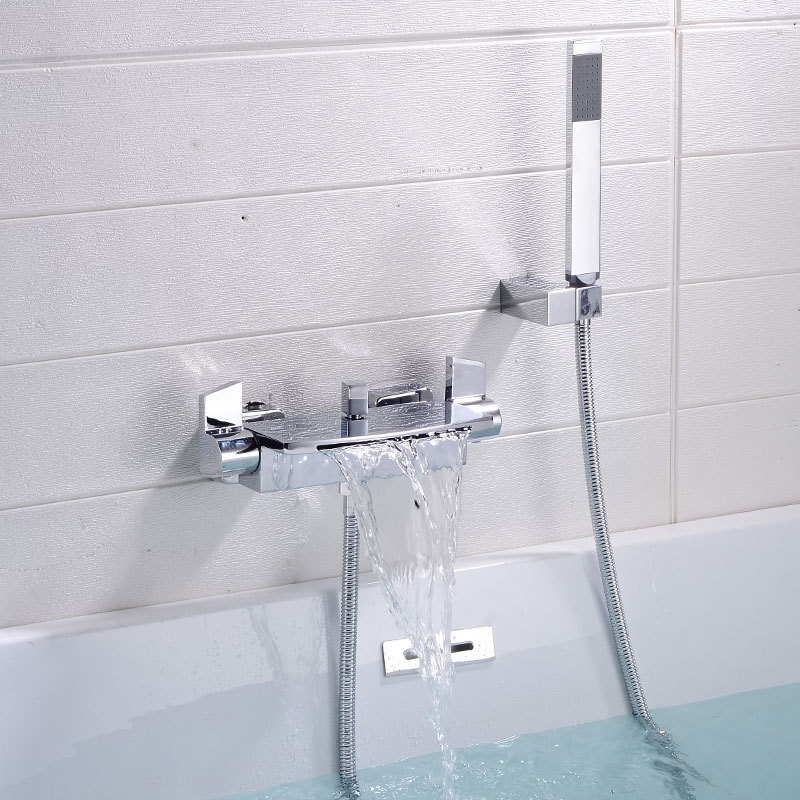 Wholesale brass waterfall bathtub faucet, hotel exposed black bathtub side cold and hot shower head set Specification drawing