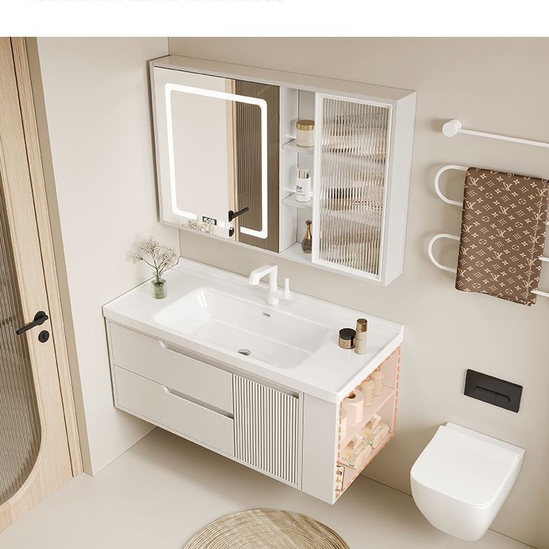 Bathroom cabinet mirror cabinet combination, side cabinet, side storage, ceramic washbasin cabinet combination, solid wood, cream oak Specification drawing