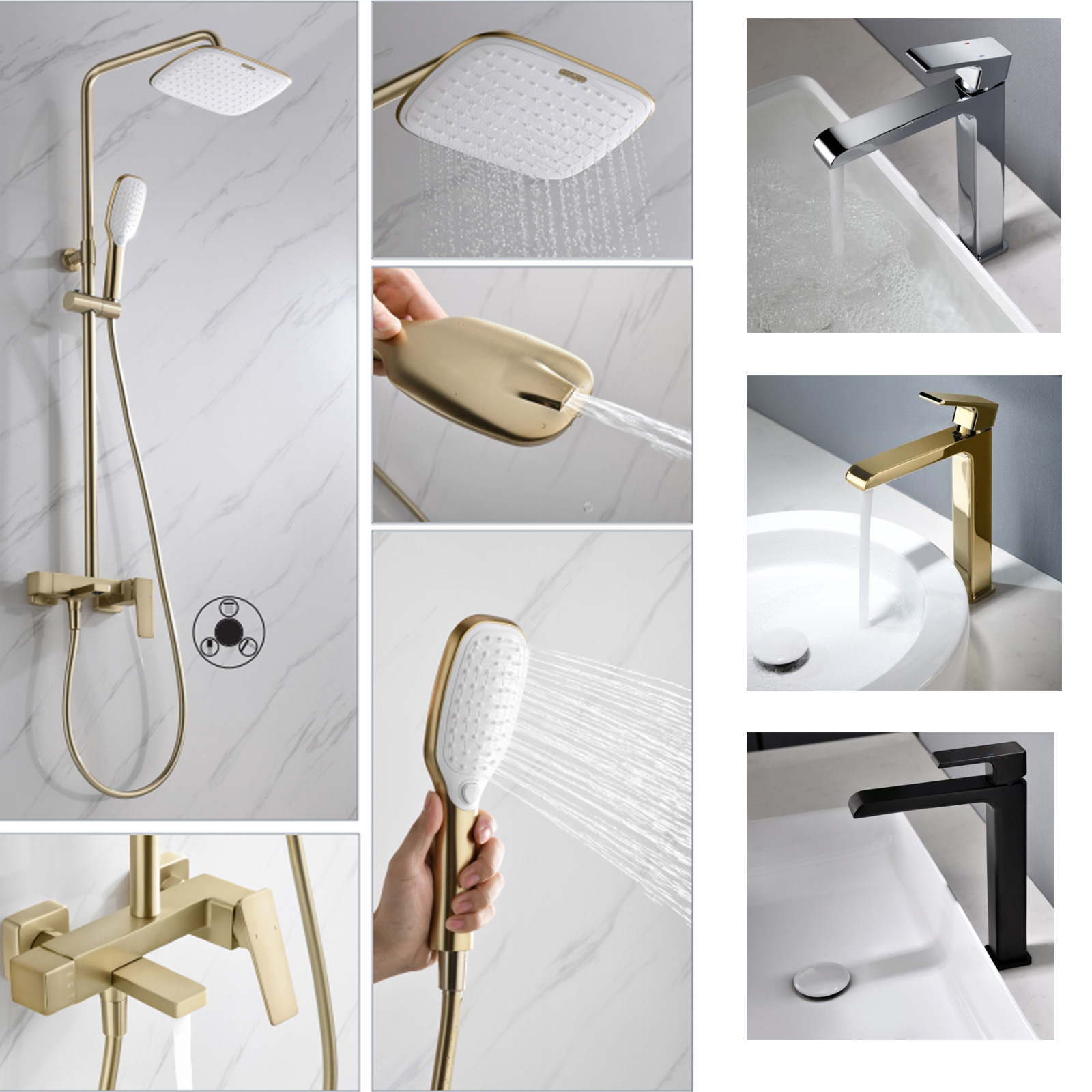 Bathroom wall-mounted square showerhead, cold and hot main showerhead set, built-in shower gun, grey washbasin faucet full figure