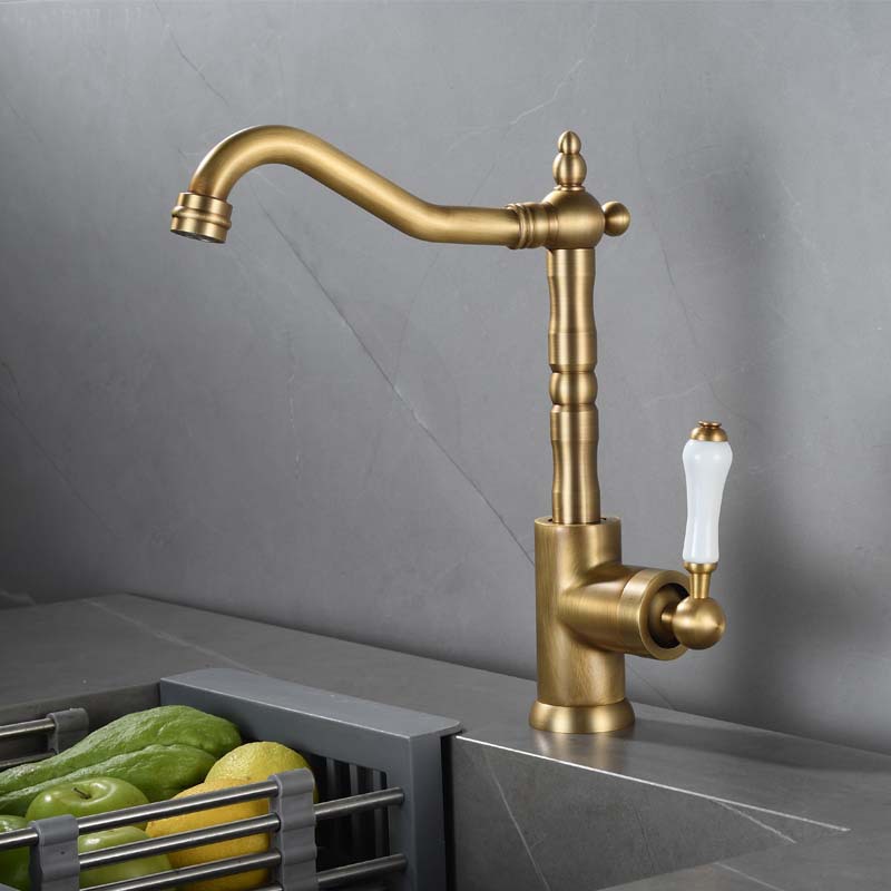 The antique-style kitchen features a rotating hot and cold water faucet, a gold and silver chrome-plated washbasin faucet, and a black bathroom cabinet faucet Specification drawing