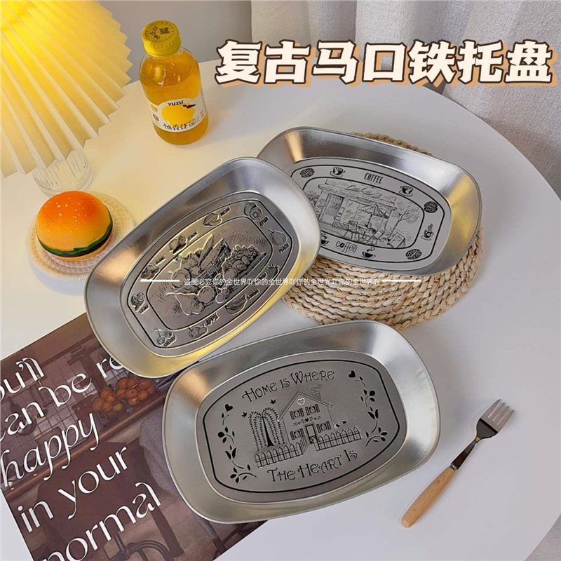 Creative retro tinplate trays, fruit plates, American metal candies, snacks, pastry plates, miscellaneous plates, camping tableware full figure
