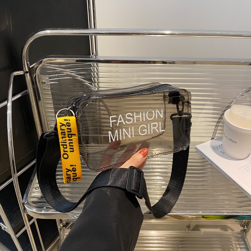 Summer jelly transparent bag for women, new trendy Korean-style small square bag with printed letters, single-shoulder hand-carry, fashionable and simple crossbody bag details Picture