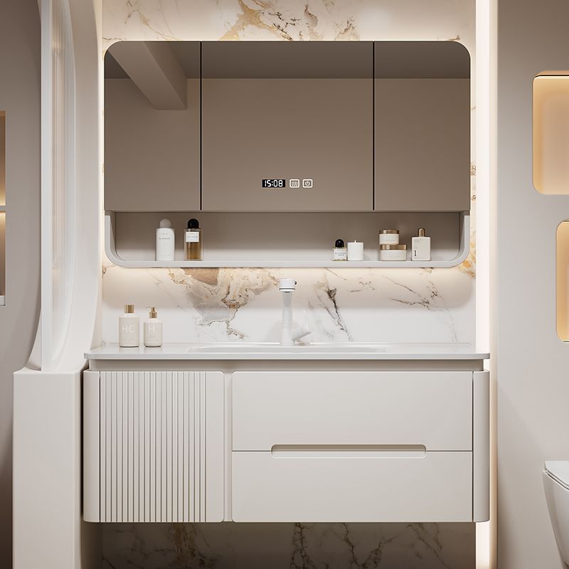 Simple oak bathroom cabinet, rounded corner combination bathroom, ceramic integrated cream washbasin for hand washing and face washing Item Picture