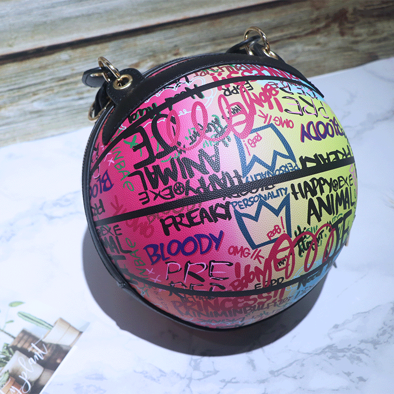 The new round, personalized, painted and graffiti basketball bag with chain and small round bag from Europe and America cross-border for women in 2025 is trendy Specification drawing