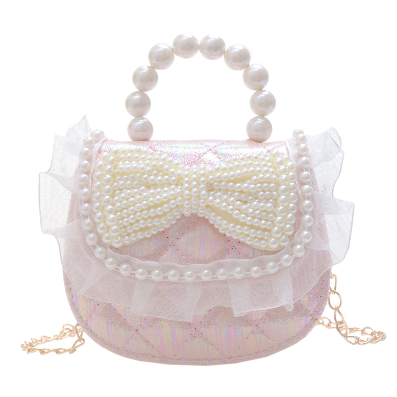 New girls' chain bag, pearl bow, children's little princess, fashionable Korean version, cute single-shoulder crossbody accessory bag Item Picture