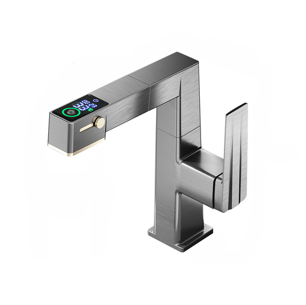 The smart digital display gun, gray pull-out bathroom cabinet, basin, faucet, and hot and cold water faucet can be raised, lowered and rotated Item Picture