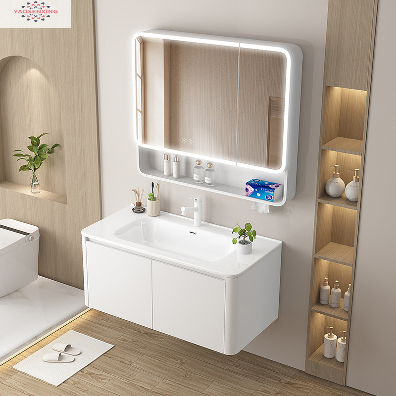 Arc-shaped honeycomb aluminum thickened space aluminum bathroom cabinet, integrated ceramic washbasin cabinet set, face washing, makeup and washbasin Application Scenario
