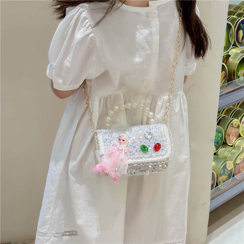 New girls' chanel-style single-shoulder bag, fashionable pearl handbag, sequined crossbody bag, chain change small square bag details Picture