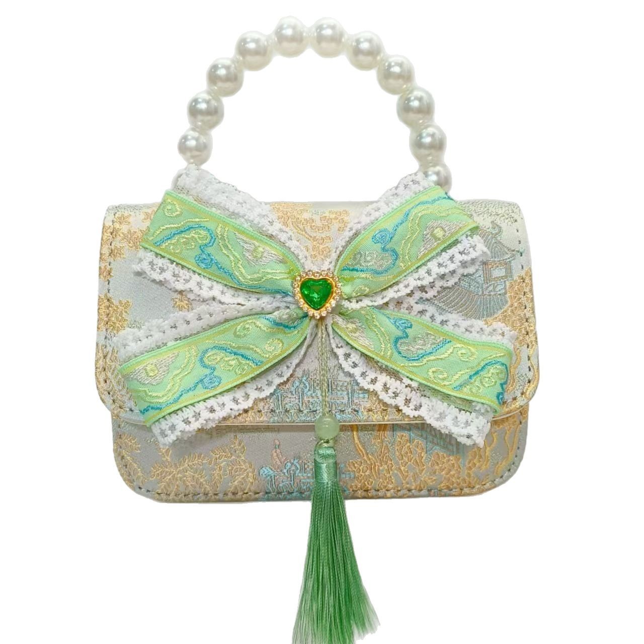 Chinese-style bow princess bag, pearl handbag, single-shoulder crossbody bag, small square bag with loose change, girls' Hanfu accessory bag Item Picture