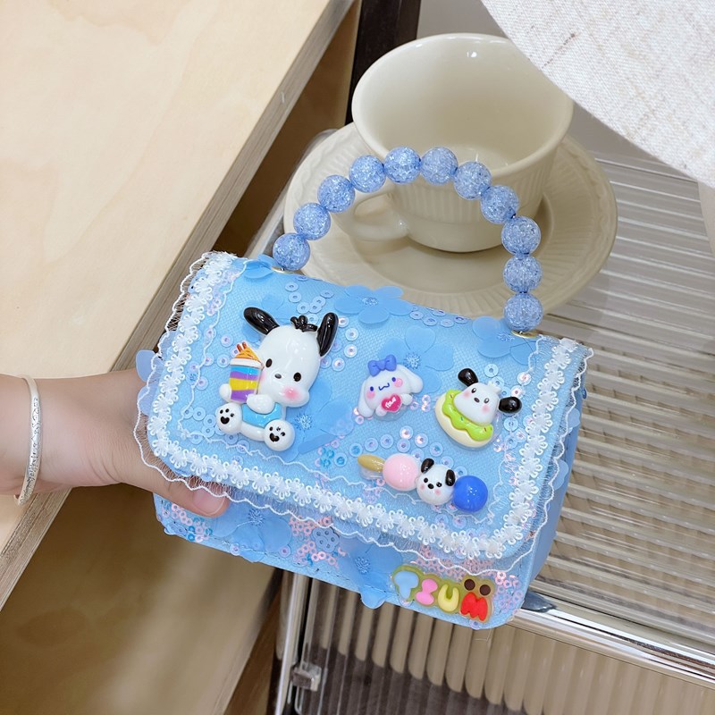 New cartoon princess children's bag, women's pearl hand-held girl single-shoulder bag, fashionable lace trim crossbody bag full figure