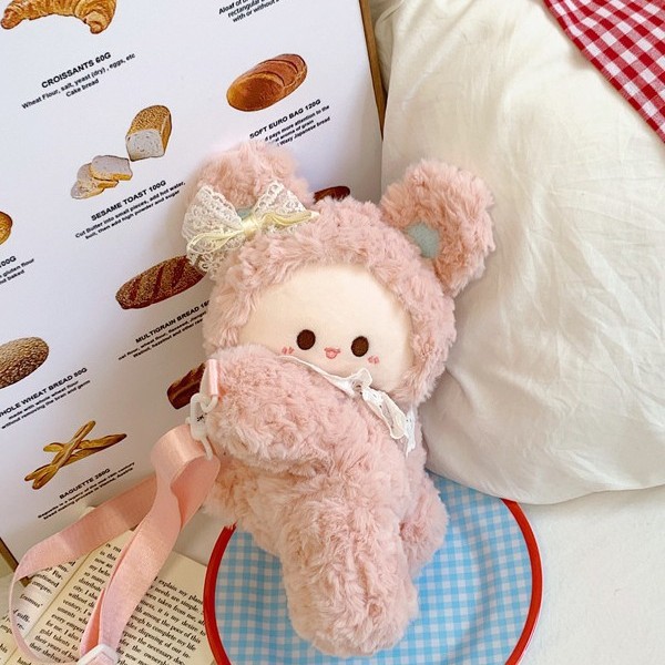 Cute rabbit ears, little lamb, backpack, girl's plush crossbody schoolbag, birthday present for girls details Picture