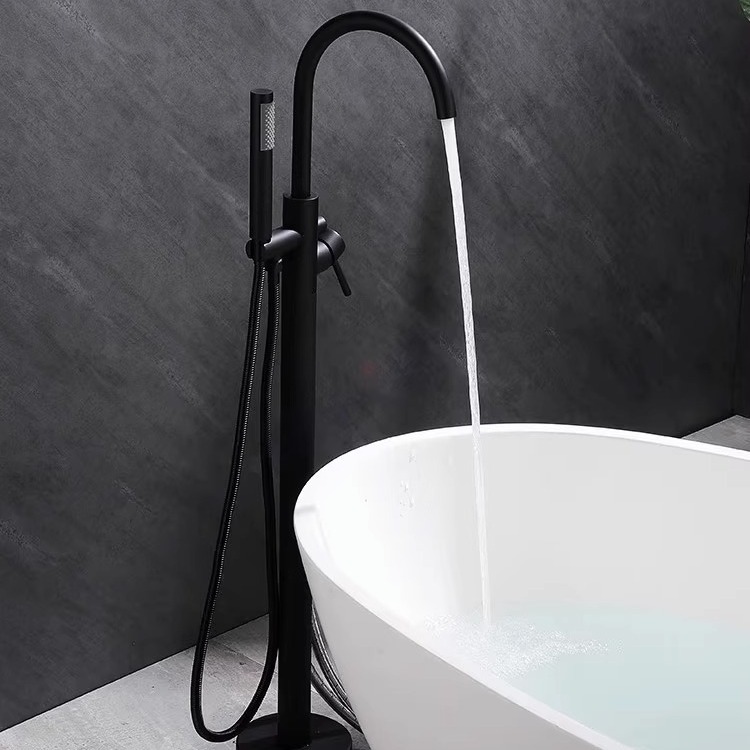 Shangyu all-copper hot and cold floor-standing bathtub, faucet, edge of the tub, vertical wooden bucket, column, basin wall connection, black gun gray Application Scenario