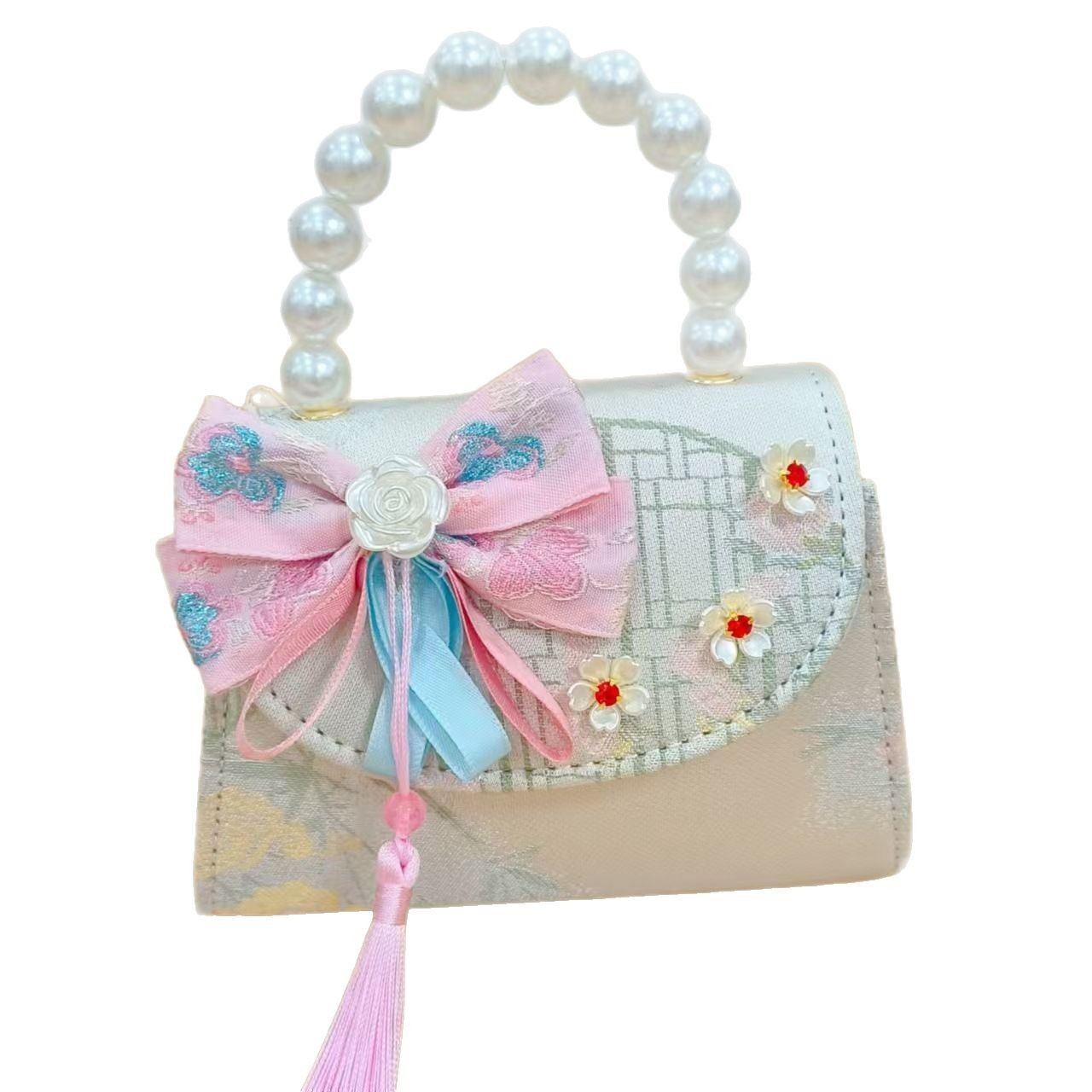 Chinese-style princess bag, chain, ancient-style small square bag, pearl hand-held girl's crossbody bag, girl's Hanfu accessories, coin purse Item Picture