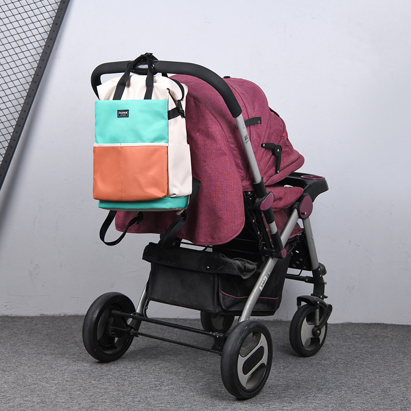 Fashionable color-blocking backpack for moms, 2025 new large-capacity backpack for taking kids out, maternity bag and baby bag Specification drawing