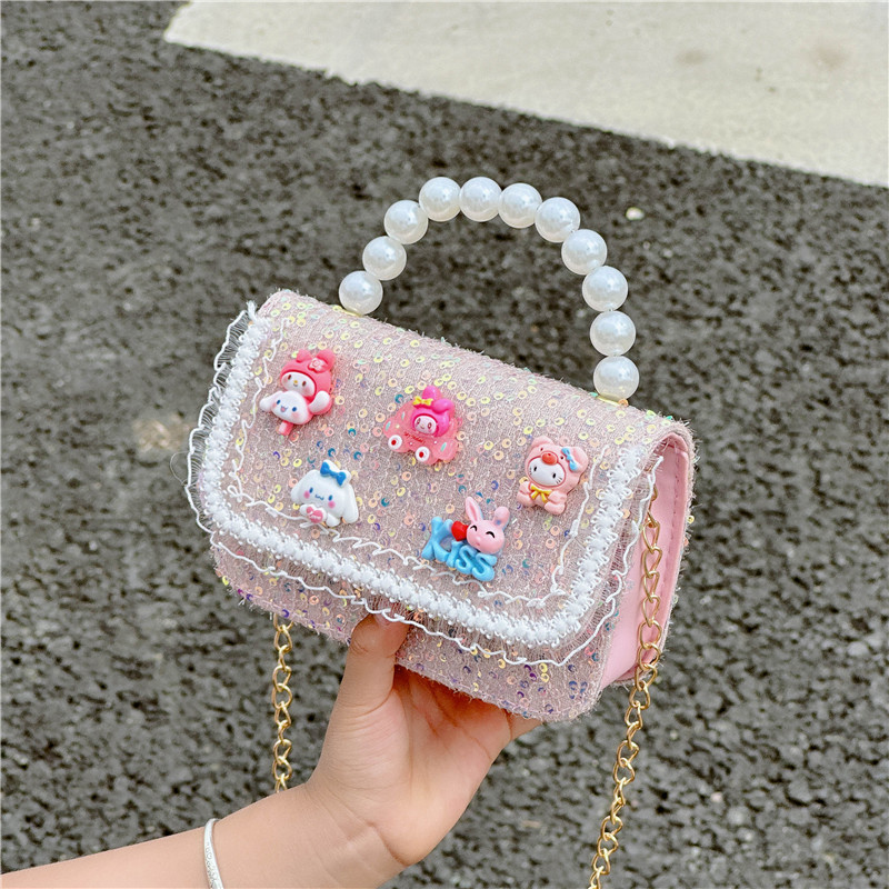 New pearl handbag, fashionable chain crossbody bag, cute girl chanel-style single-shoulder bag, small square bag with loose change Specification drawing