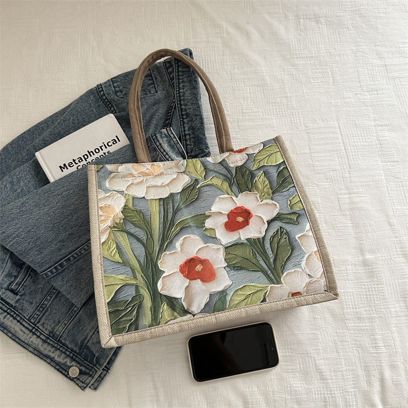 Large-capacity linen single-shoulder tote bag, 2025 new ethnic style student class handbag, versatile commuting bag Specification drawing