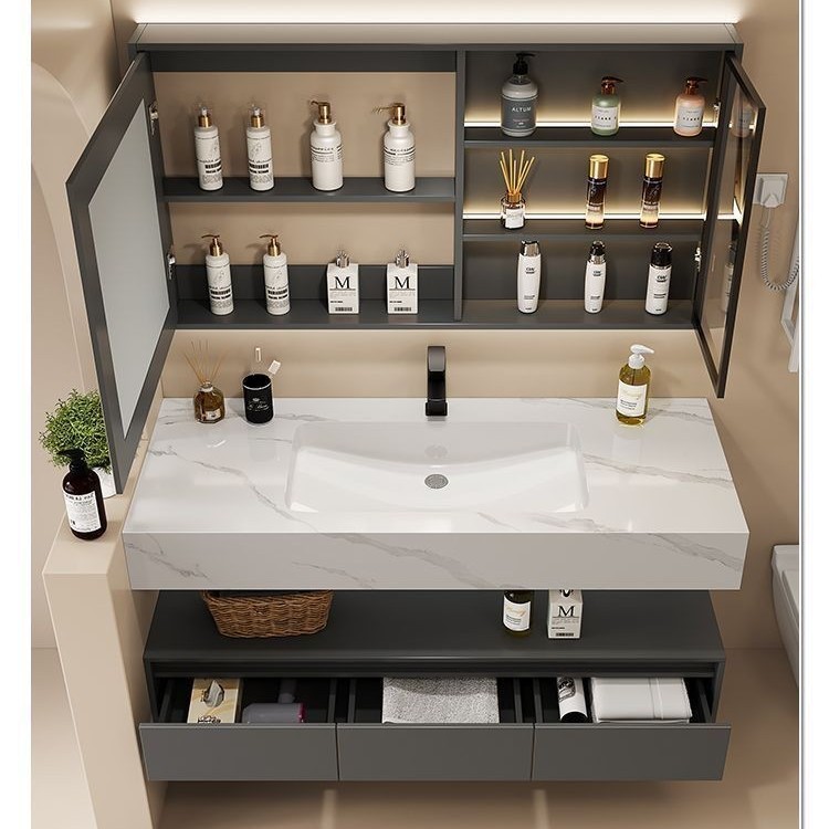 Nordic rock plate seamless ceramic washbasin, washbasin combination, bathroom integrated double-layer washbasin, bathroom cabinet details Picture