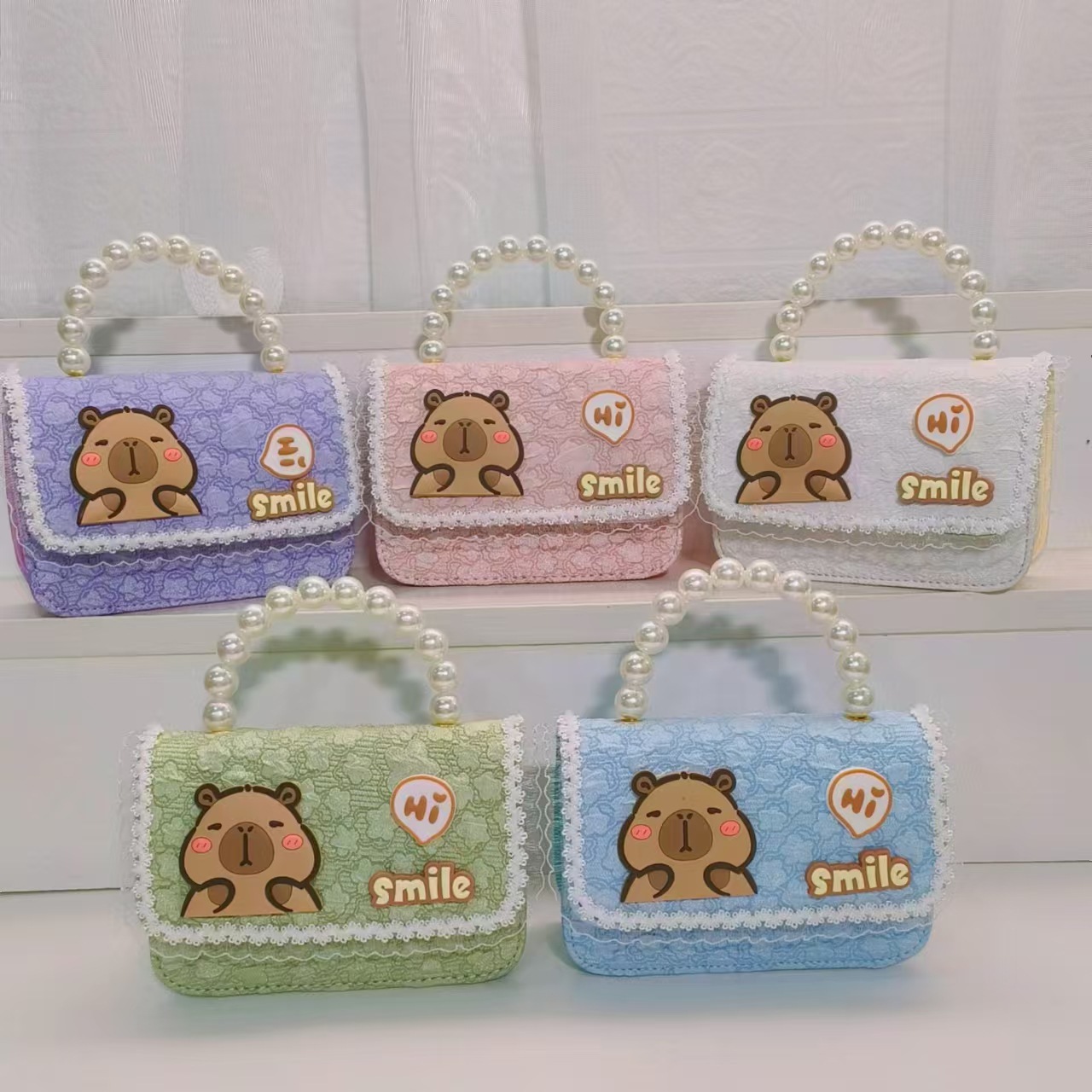 Pearl handbag, Capibara crossbody coin accessory bag, small square bag, chain children's bag, cartoon bag, girl Specification drawing