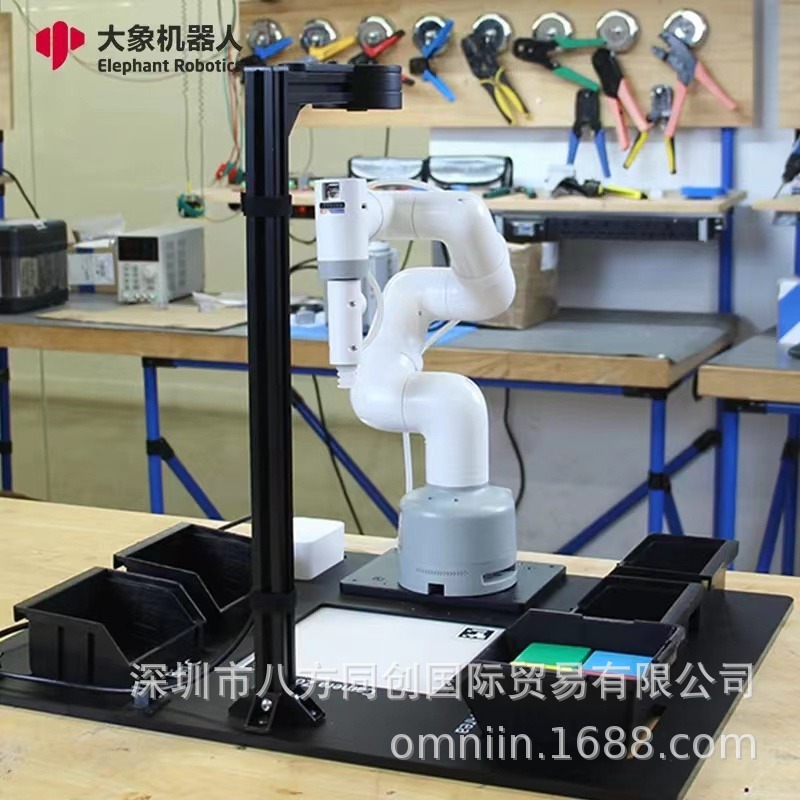 The MyCobot280 intelligent robotic arm from Elephant Robot is a programmable six-axis white robotic arm details Picture