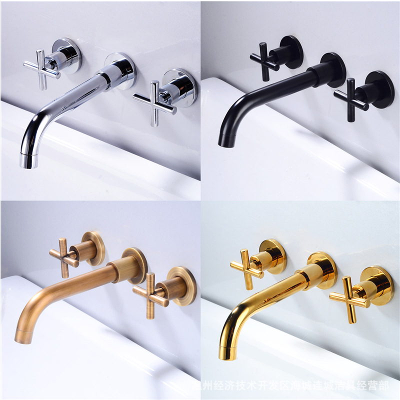 All-copper concealed wall-mounted washbasin faucet, black cold and hot water built-in washbasin faucet, Amazon details Picture